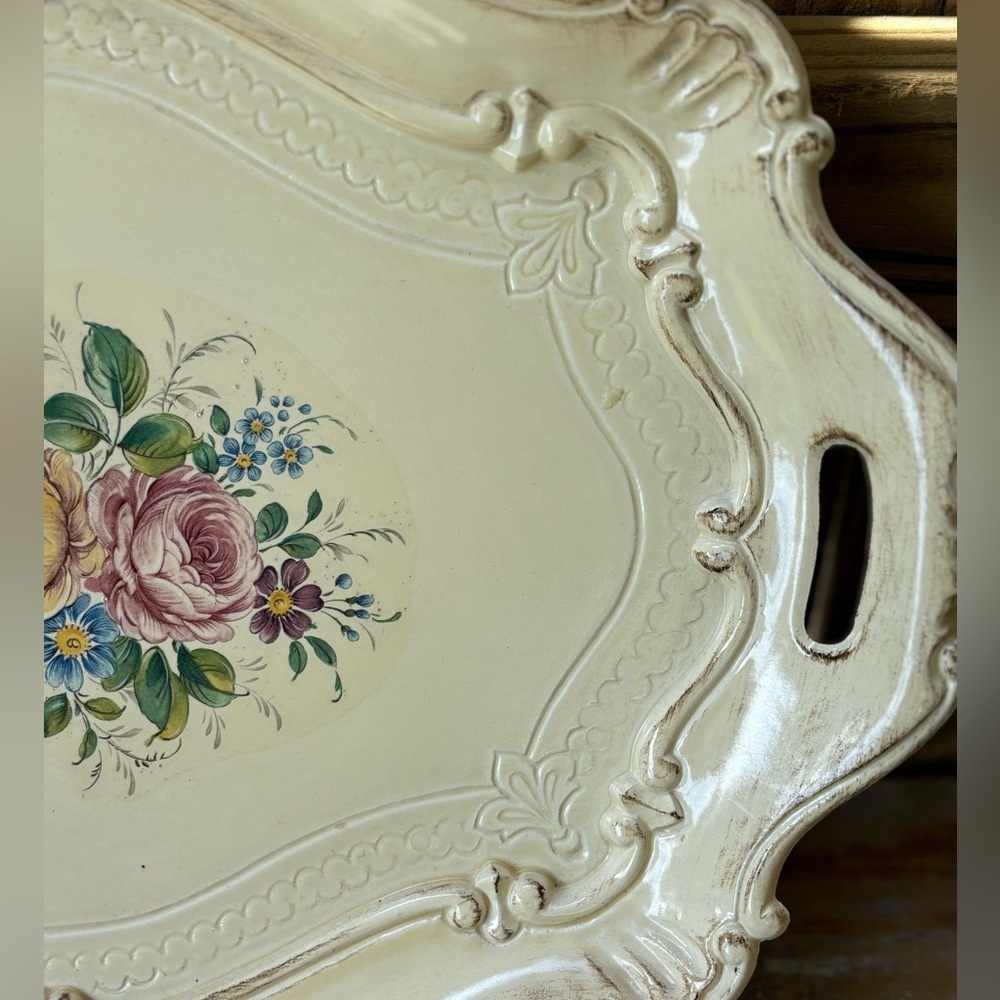Vintage Florence Italy Firenze Decor Tray Hand Painted Flowers 17"x12” - Picture 5 of 7
